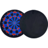 Dartbord in blauw, rood en zwart, deels bedekt door een zwarte beschermhoes