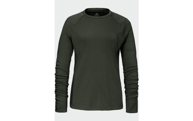 Dunkelgrünes Langarmshirt mit rundem Hals auf hellem Hintergrund