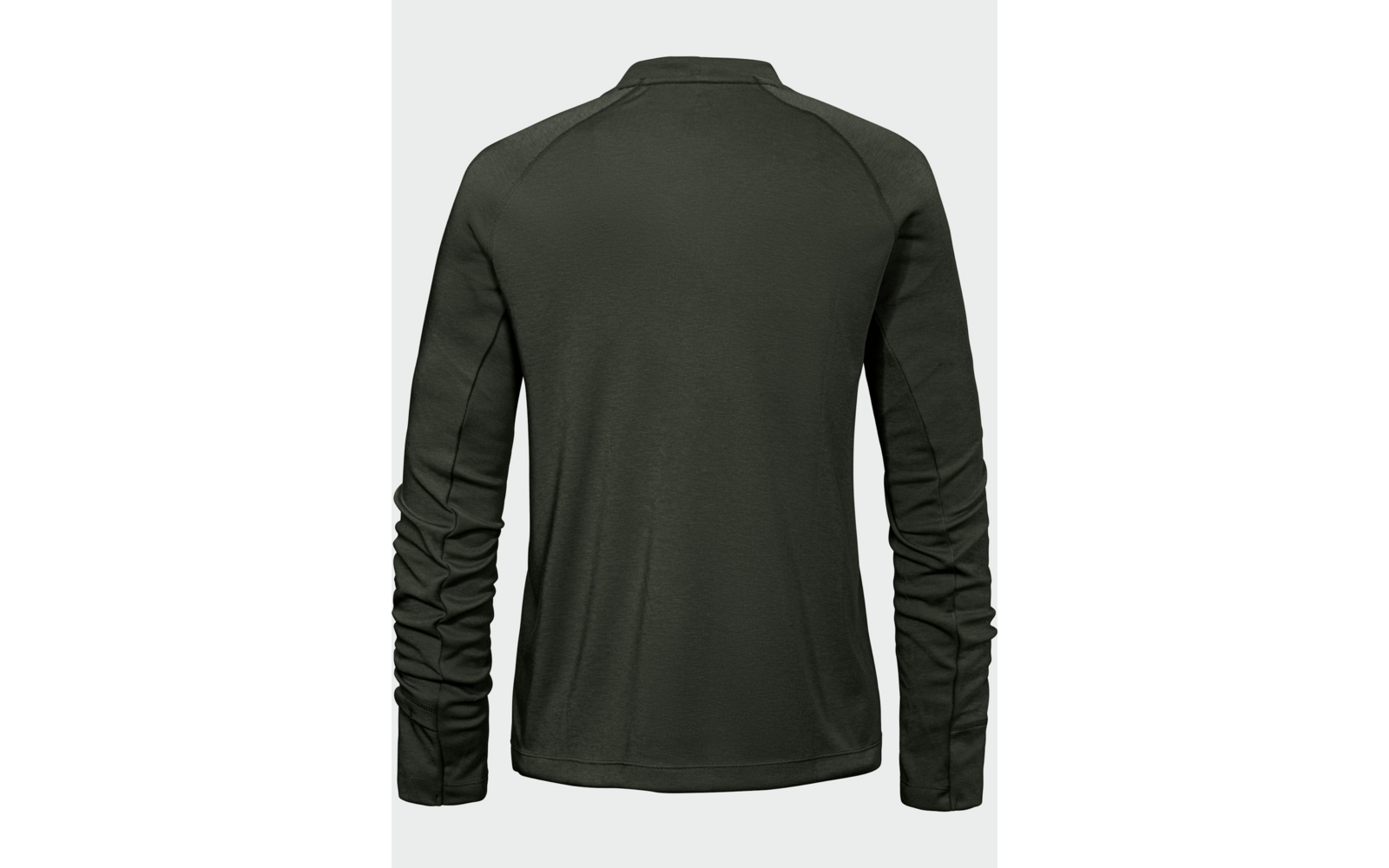 Rückansicht eines dunkelgrünen Langarmshirts mit Stehkragen und sichtbaren Nähten auf hellem Hintergrund