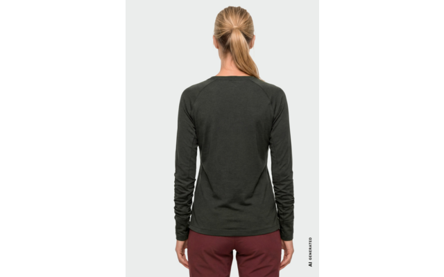Person von hinten mit blondem Pferdeschwanz, dunkelgrünem Langarmshirt und bordeauxroter Hose vor hellem Hintergrund