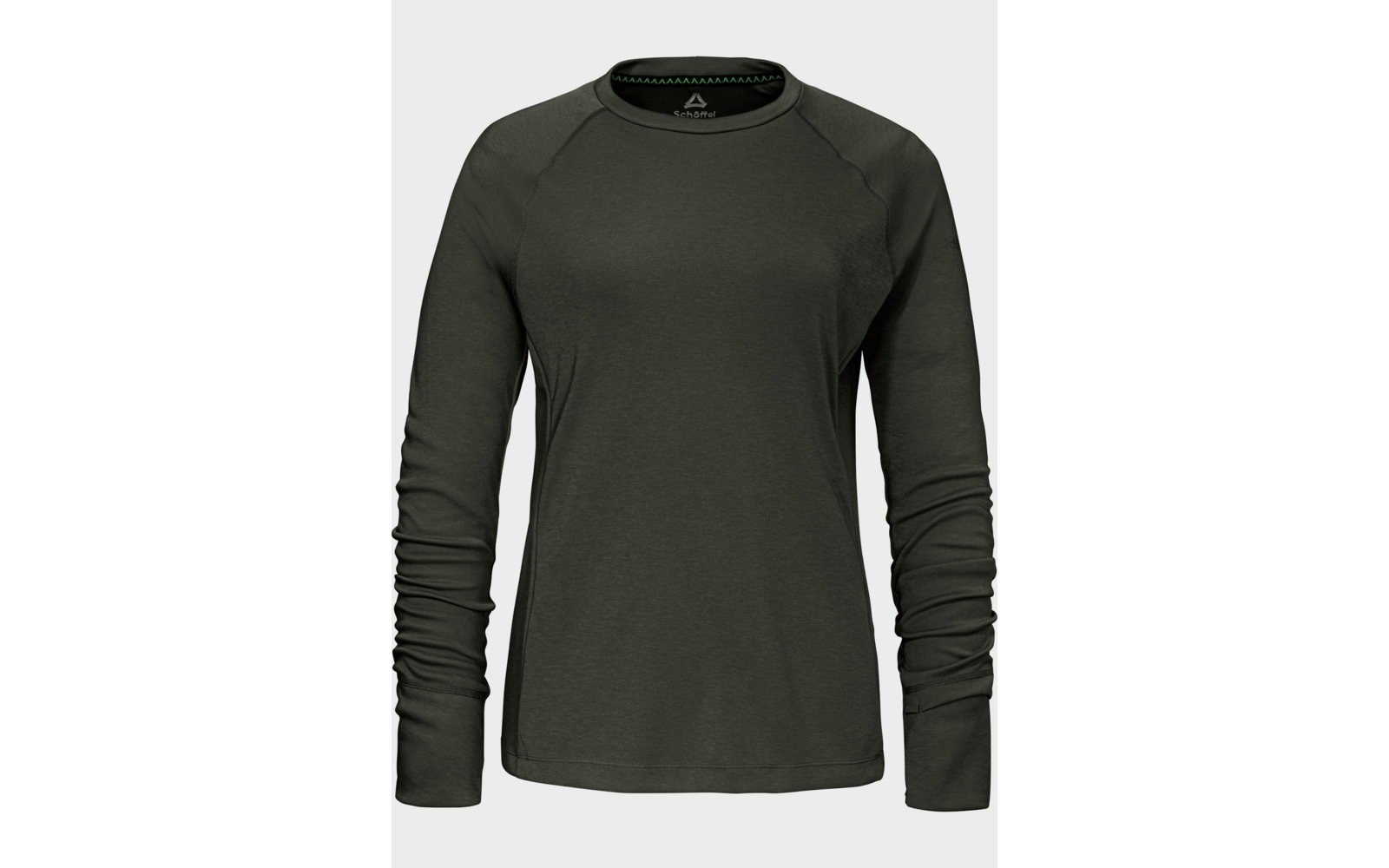 Dunkelgrünes Langarmshirt mit rundem Hals auf hellem Hintergrund