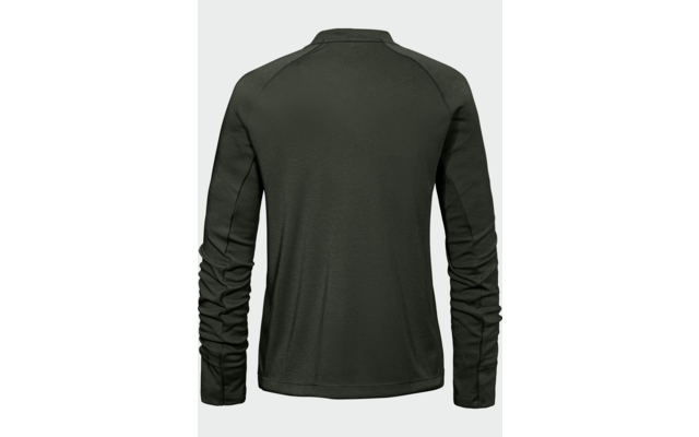 Rückansicht eines dunkelgrünen Langarmshirts mit Stehkragen und sichtbaren Nähten auf hellem Hintergrund
