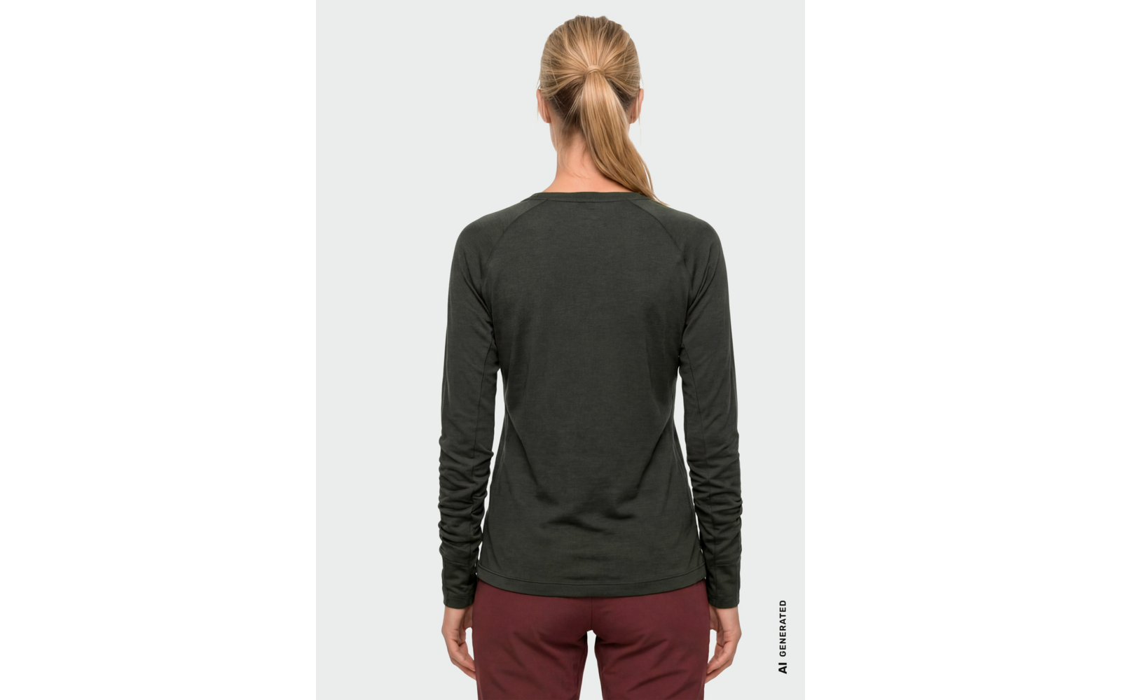 Person von hinten mit blondem Pferdeschwanz, dunkelgrünem Langarmshirt und bordeauxroter Hose vor hellem Hintergrund
