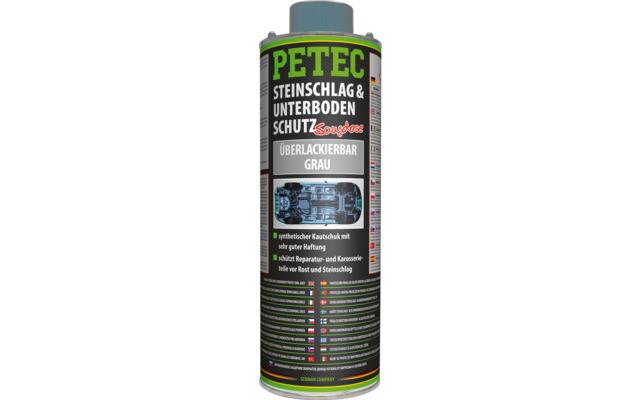 Sprühdose mit grünem "PETEC"-Schriftzug, schwarzem Etikett, sichtbarem Text "STEINSCHLAG & UNTERBODENSCHUTZ", "ÜBERLACKIERBAR GRAU" und kleiner Abbildung des Fahrzeugunterbodens