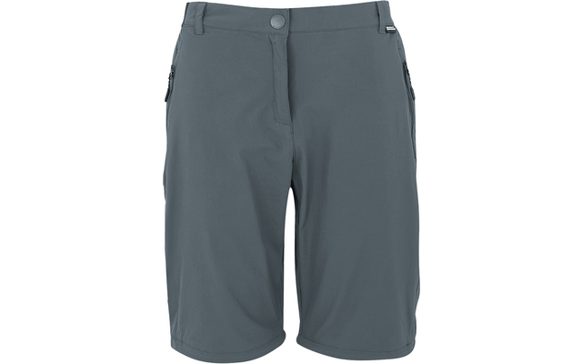 Grau-blaue kurze Shorts mit Bund, Knopf und seitlichen Reißverschlusstaschen
