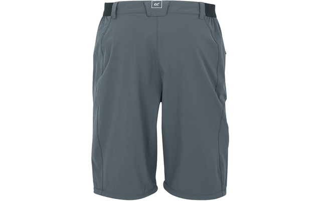 Graublaue knielange Shorts mit Bund, Gürtelschlaufen, seitlichen elastischen Einsätzen, zwei vorderen Taschen und kleinem quadratischem Logoaufnäher in der vorderen Mitte