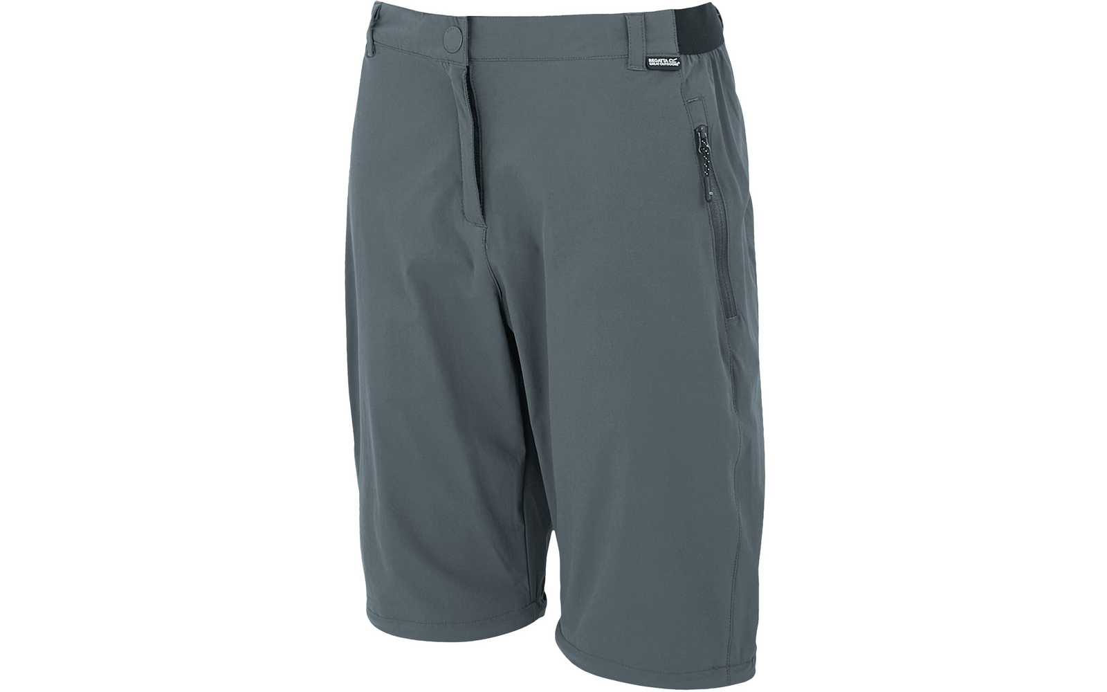 Graublaue, knielange Shorts mit Bund, Gürtelschlaufen, Knopf, sichtbarem Reißverschluss, seitlicher Reißverschlusstasche und kleinem schwarzem Etikett an der Taille