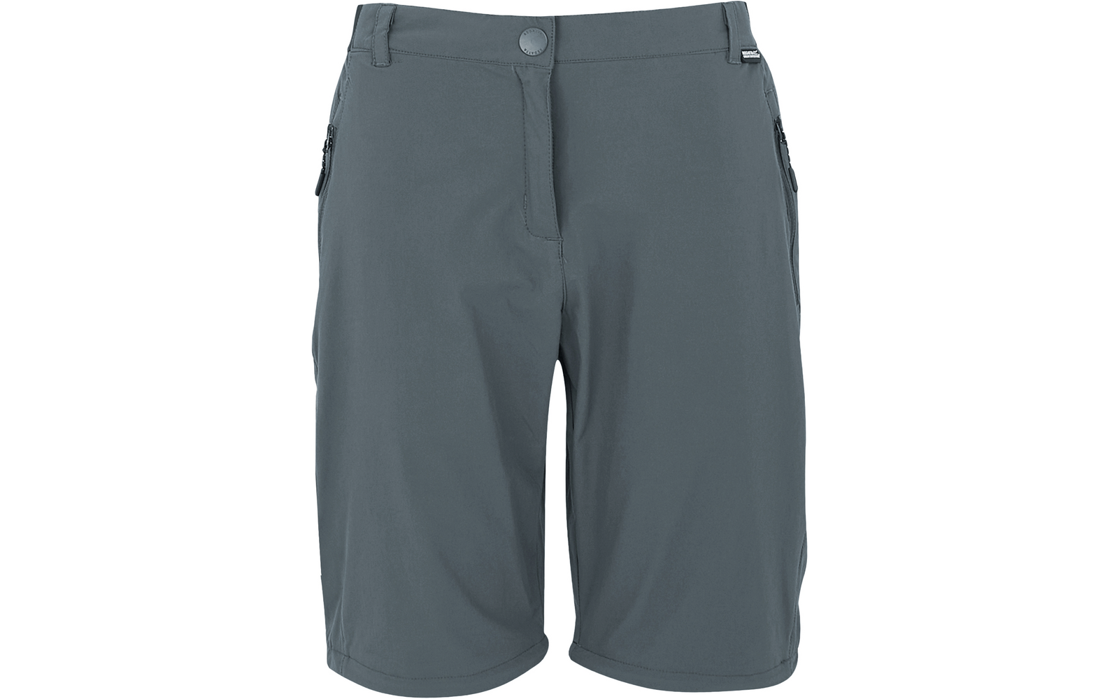 Short gris jusqu'aux genoux avec taille, bouton avant et poches latérales à fermeture éclair