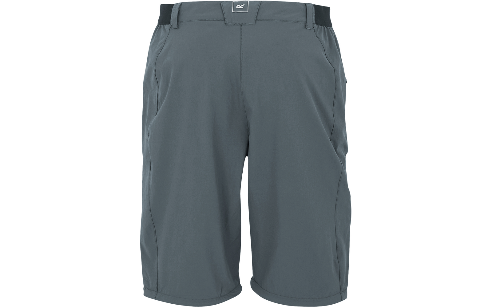 Short gris mi-cuisses en tissu lisse, vue de face, avec passants de ceinture et poches latérales