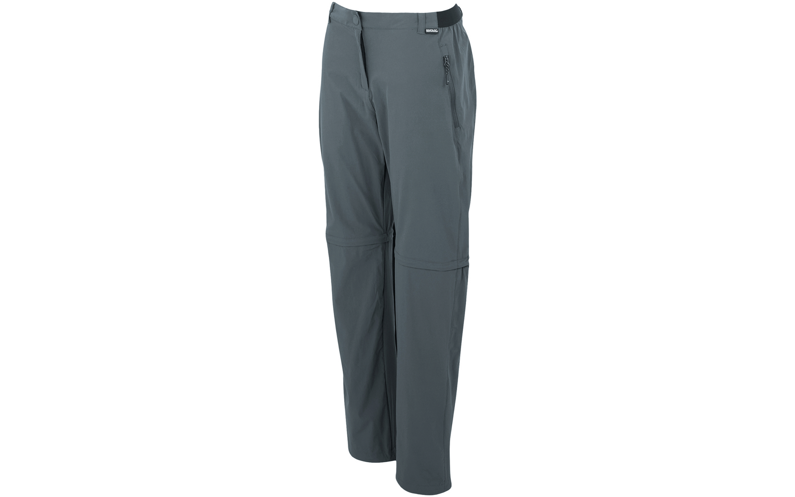 Pantalon long gris avec fermeture éclair au niveau du genou, poches latérales et taille élastique avec sangle noire
