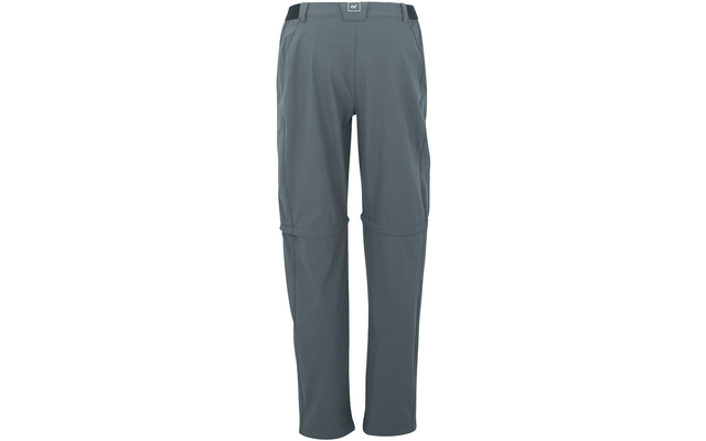 Pantalon gris, vue de dos ; taille élastique avec passants de ceinture ; fermetures éclair au niveau des cuisses ; coutures visibles
