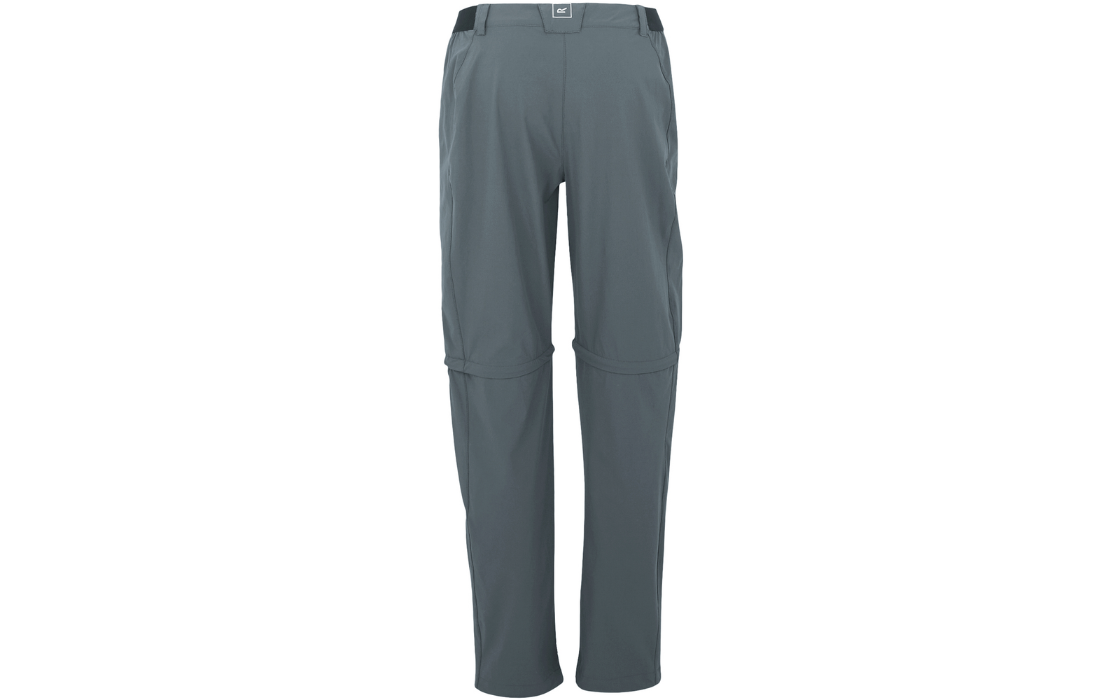 Pantalon gris, vue de dos ; taille élastique avec passants de ceinture ; fermetures éclair au niveau des cuisses ; coutures visibles