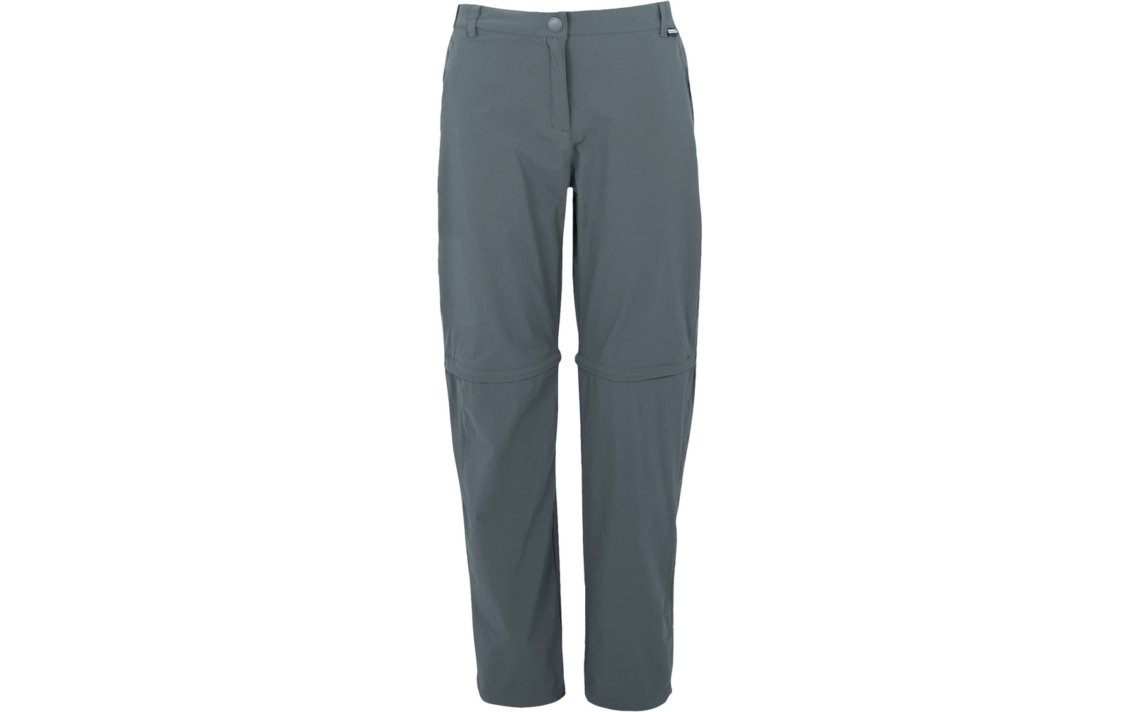 Pantalon gris long avec bouton et fermeture éclair, passants de ceinture, coutures aux genoux et petite étiquette logo sur la hanche