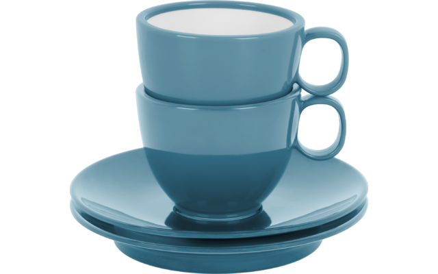 Zwei türkisfarbene Tassen übereinander gestapelt auf zwei passenden Untertassen