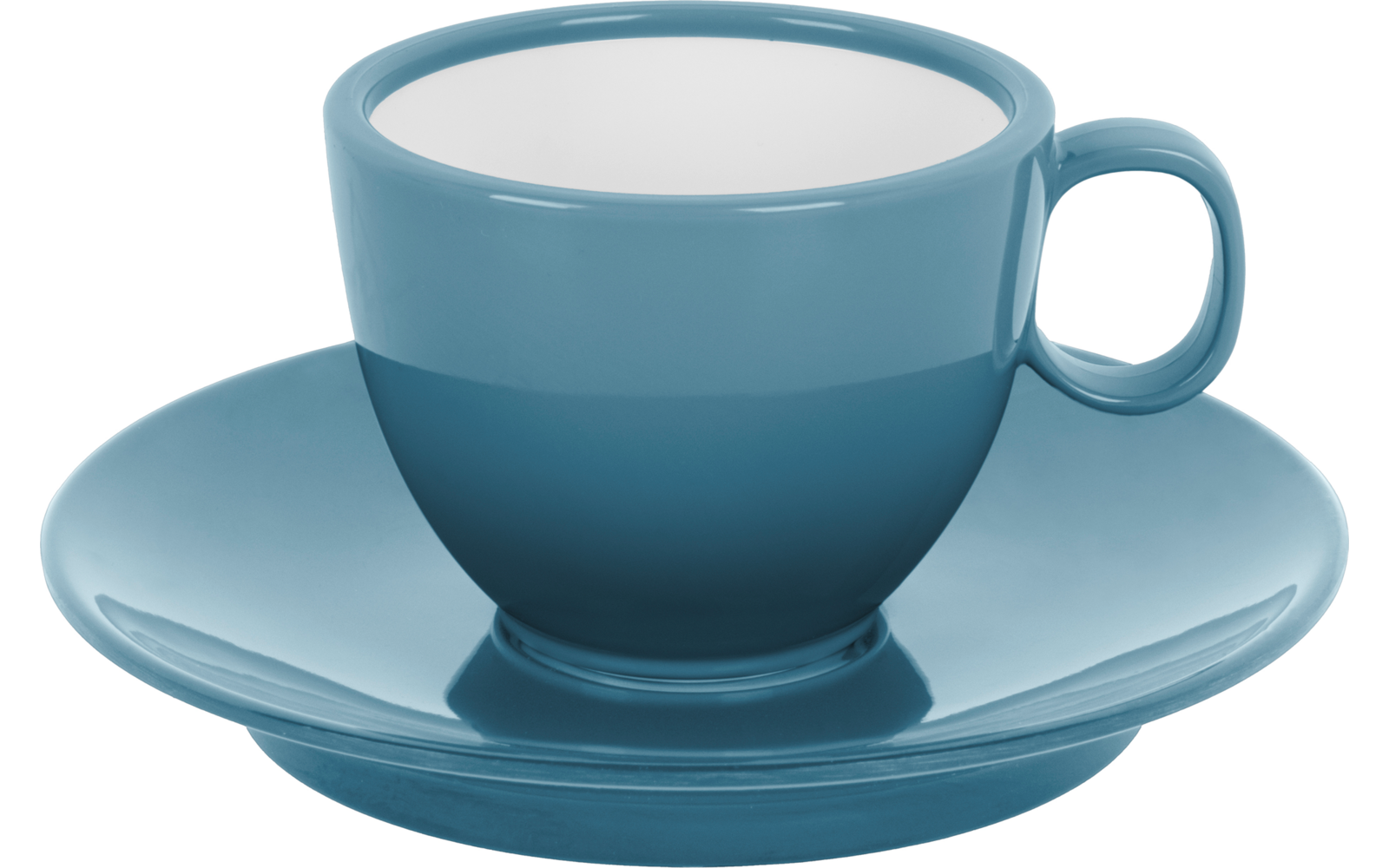 Blaue Keramik-Tasse mit Henkel rechts auf passender Untertasse, innen weiß, glänzende Oberfläche