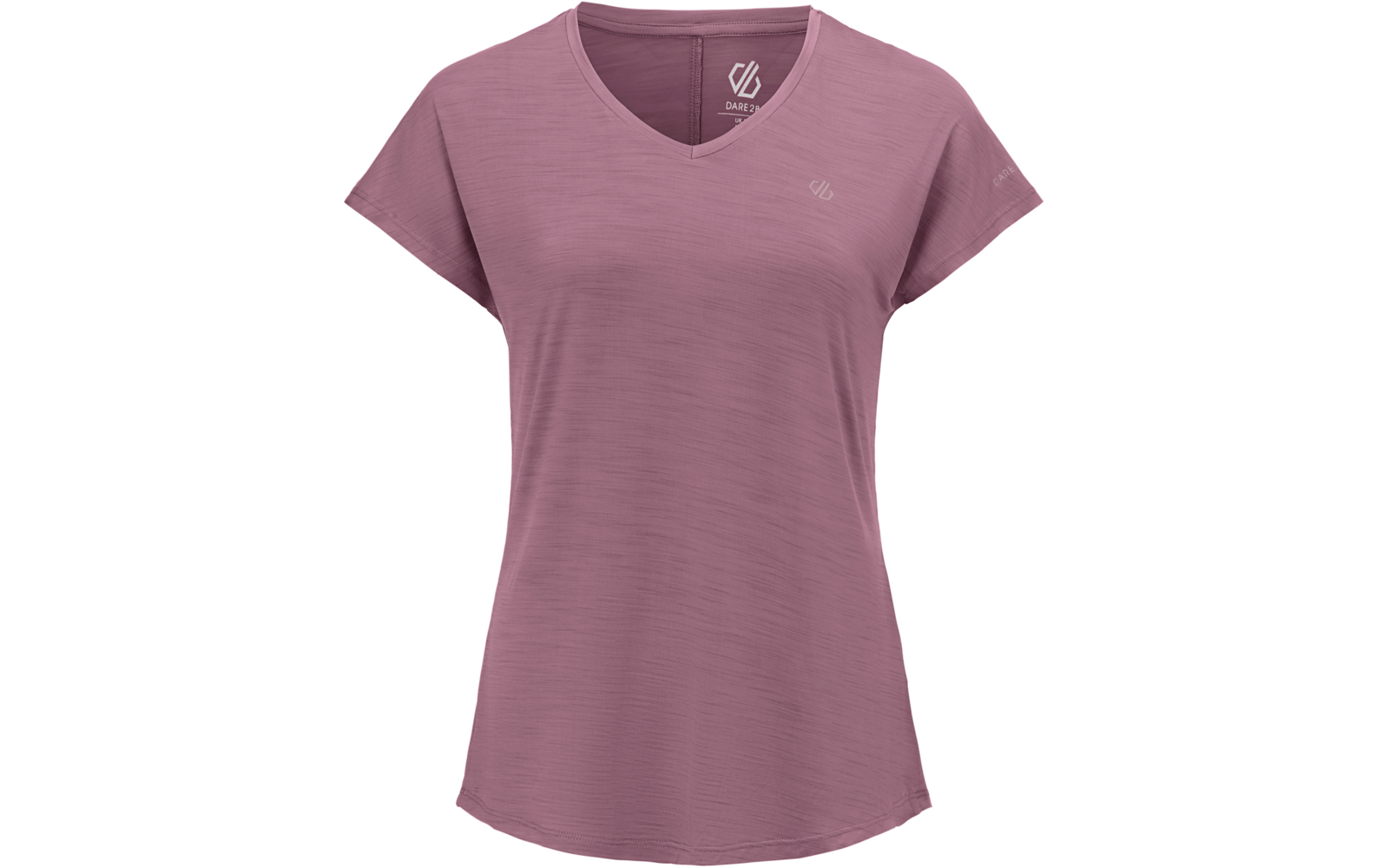 Rosa/mauve kurzärmeliges T-Shirt mit V‑Ausschnitt, leichter Struktur und kleinen Logos auf Brust und Ärmel vor weißem Hintergrund
