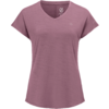 Rosa/mauve kurzärmeliges T-Shirt mit V‑Ausschnitt, leichter Struktur und kleinen Logos auf Brust und Ärmel vor weißem Hintergrund