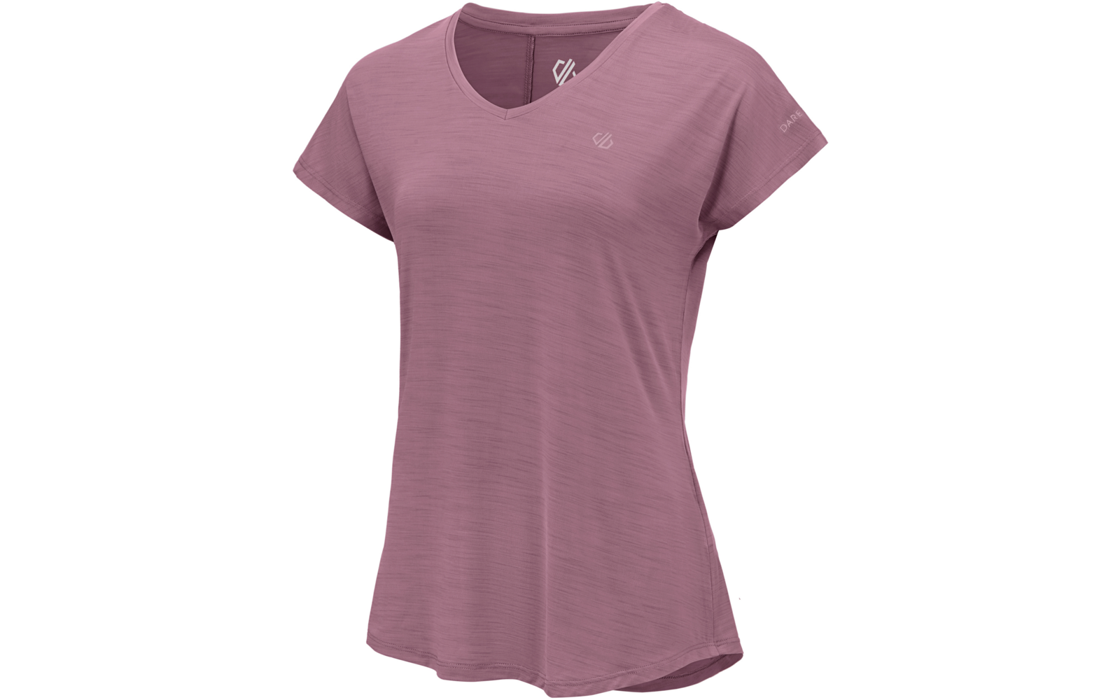 Rosa kurzärmeliges T‑Shirt mit V‑Ausschnitt, feine Melierung, kleines Logo auf Brust und auf der Ärmelpartie