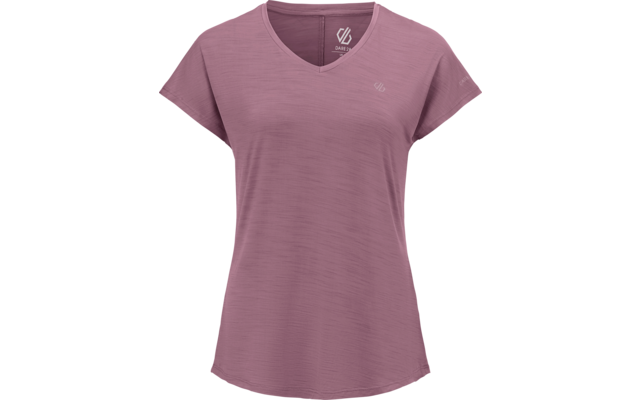 T-shirt mauve à manches courtes et col en V, texture légère et petits logos sur la poitrine et la manche sur fond blanc