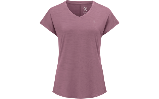 Rosa/mauve kurzärmeliges T-Shirt mit V‑Ausschnitt, leichter Struktur und kleinen Logos auf Brust und Ärmel vor weißem Hintergrund