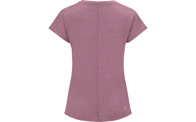 Rückansicht eines kurzärmligen rosafarbenen T-Shirts mit sichtbarer Mittelnaht und kleinem Logo am rechten Saum