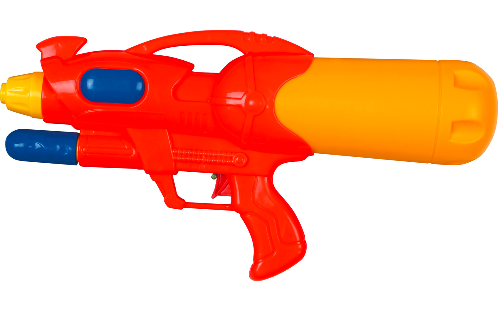 Rode en oranje waterpistool met blauwe trekker
