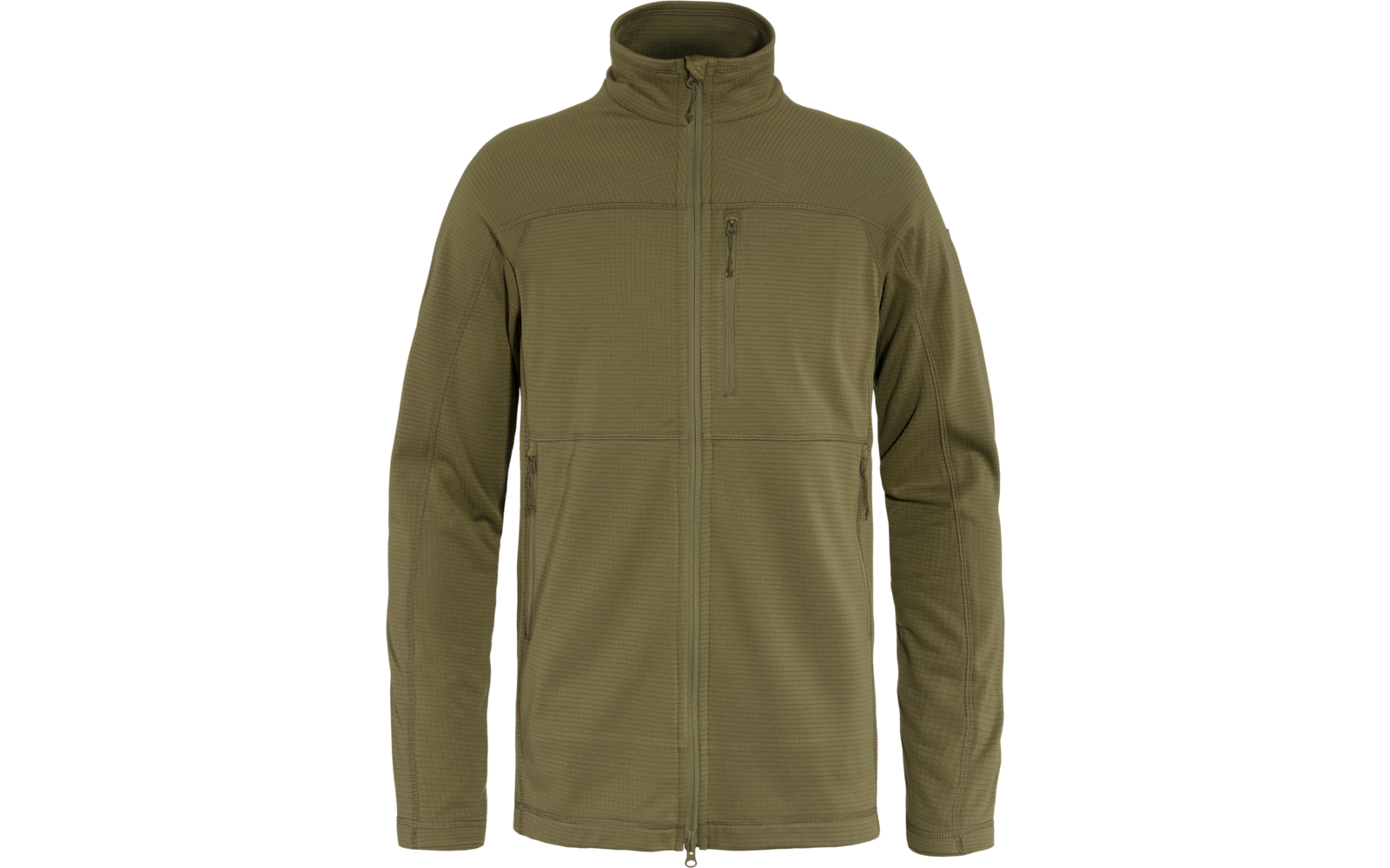 Olivgrüne Jacke mit durchgehendem Reißverschluss, Stehkragen, zwei seitlichen Taschen und einer Brusttasche mit Reißverschluss