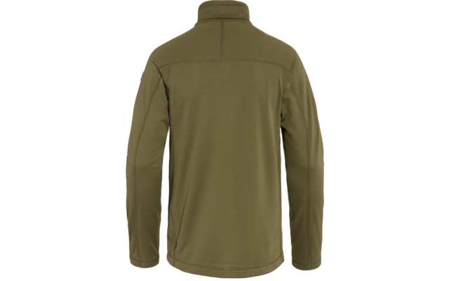 Rückenansicht einer olivgrünen Jacke mit langen Ärmeln und Stehkragen