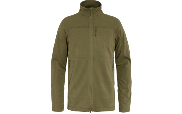 Olivgrüne Jacke mit durchgehendem Reißverschluss, Stehkragen, zwei seitlichen Taschen und einer Brusttasche mit Reißverschluss