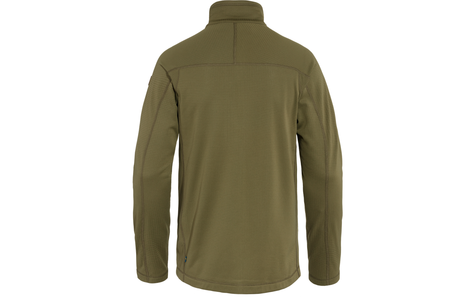 Rückenansicht einer olivgrünen Jacke mit langen Ärmeln und Stehkragen