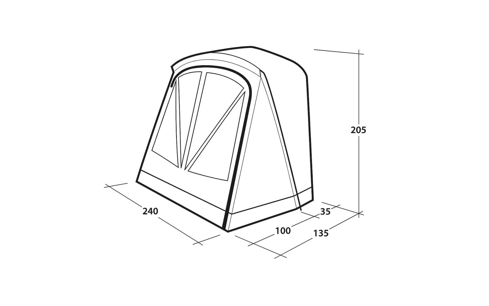 Disegno a linee in bianco e nero di una struttura arrotondata con una finestra frontale ad arco divisa in tre sezioni; quote indicate: 205, 240, 100, 135, 35