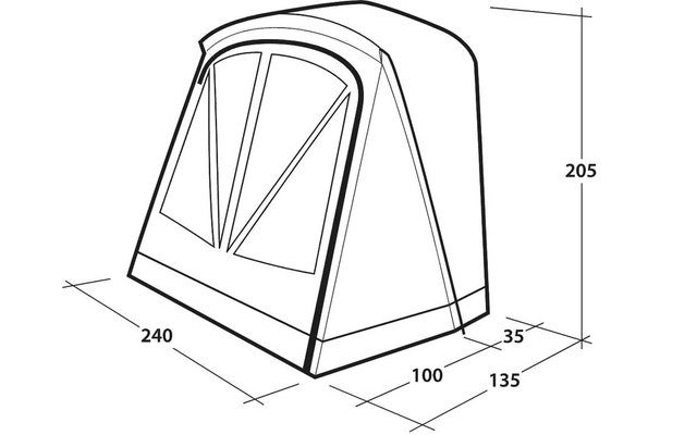 Disegno a linee in bianco e nero di una struttura arrotondata con una finestra frontale ad arco divisa in tre sezioni; quote indicate: 205, 240, 100, 135, 35