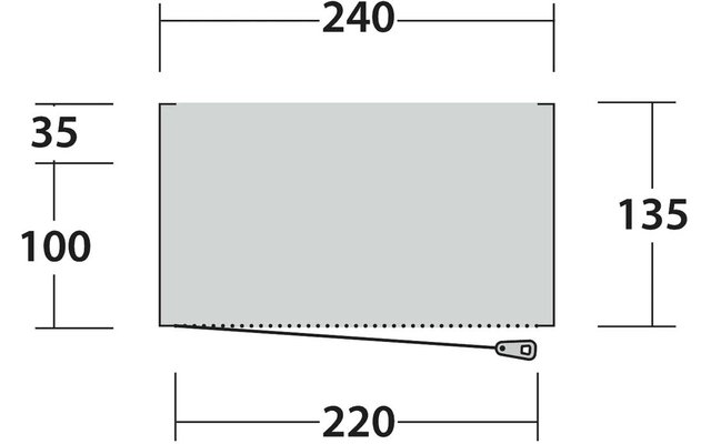 Rettangolo grigio con una linea tratteggiata diagonale vicino al bordo inferiore e un piccolo cursore di cerniera in basso a destra; etichette dimensioni: 240 in alto, 220 in basso, 135 a destra, 35 e 100 a sinistra
