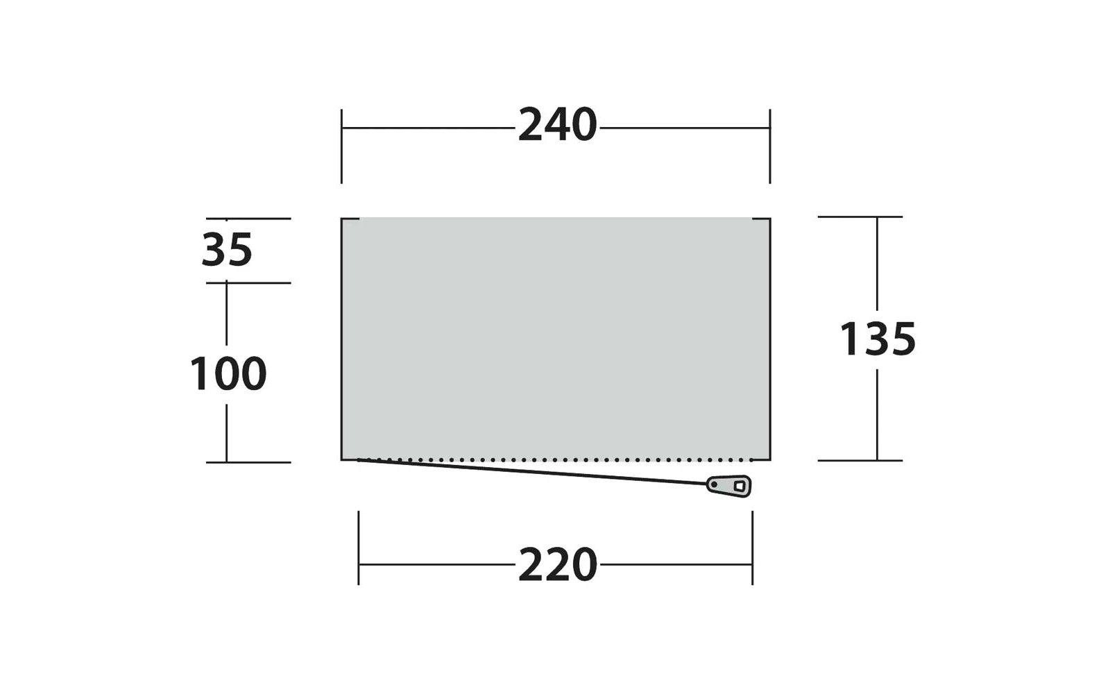 Rettangolo grigio con una linea tratteggiata diagonale vicino al bordo inferiore e un piccolo cursore di cerniera in basso a destra; etichette dimensioni: 240 in alto, 220 in basso, 135 a destra, 35 e 100 a sinistra