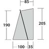 Area trapezoidale grigia con lato sinistro inclinato e lato destro verticale. Linea diagonale nera dall'alto a sinistra al basso a destra. Misure: 85 sopra, 190 a sinistra, 205 a destra, 100 in basso a sinistra, 35 in basso a destra