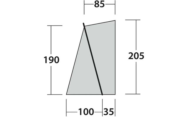 Area trapezoidale grigia con lato sinistro inclinato e lato destro verticale. Linea diagonale nera dall'alto a sinistra al basso a destra. Misure: 85 sopra, 190 a sinistra, 205 a destra, 100 in basso a sinistra, 35 in basso a destra