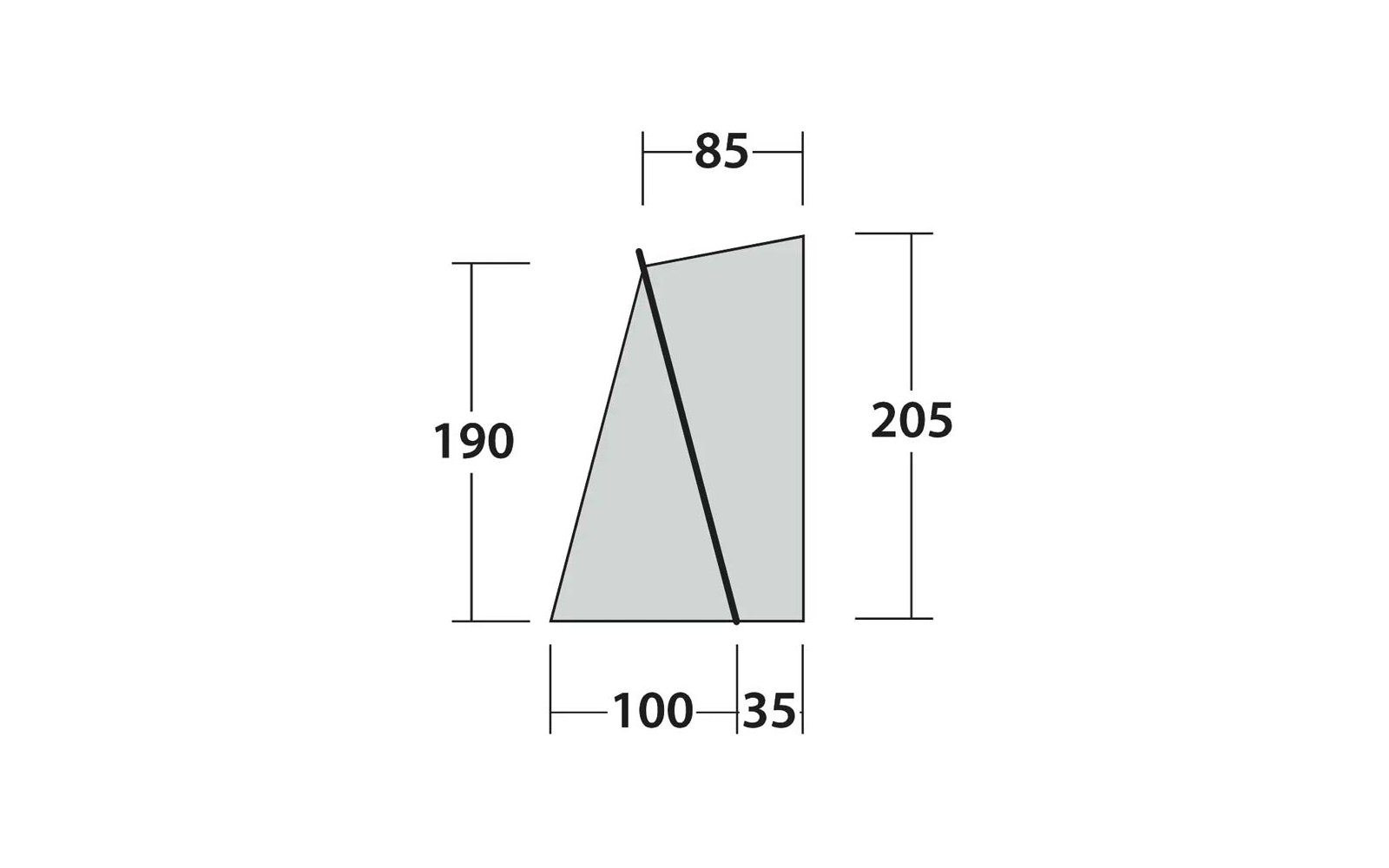 Area trapezoidale grigia con lato sinistro inclinato e lato destro verticale. Linea diagonale nera dall'alto a sinistra al basso a destra. Misure: 85 sopra, 190 a sinistra, 205 a destra, 100 in basso a sinistra, 35 in basso a destra