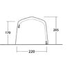 Disegno a linee in bianco e nero di una struttura ad arco con parte superiore curva e due lati inclinati. Due piccole marcature rettangolari all’interno (sinistra in alto, destra in basso). Quote: 170 (sinistra), 205 (destra), 220 (larghezza inferiore)