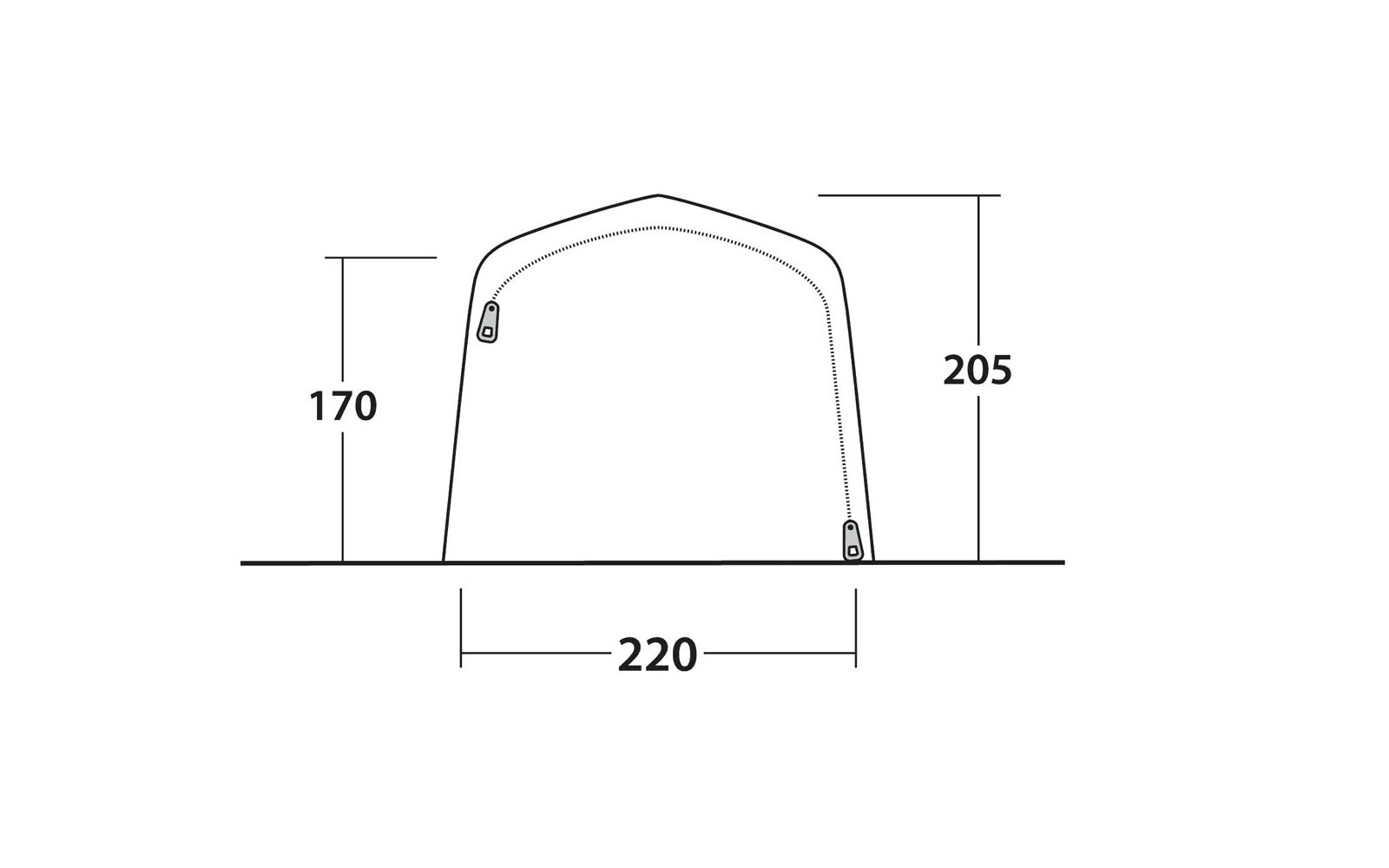 Disegno a linee in bianco e nero di una struttura ad arco con parte superiore curva e due lati inclinati. Due piccole marcature rettangolari all’interno (sinistra in alto, destra in basso). Quote: 170 (sinistra), 205 (destra), 220 (larghezza inferiore)