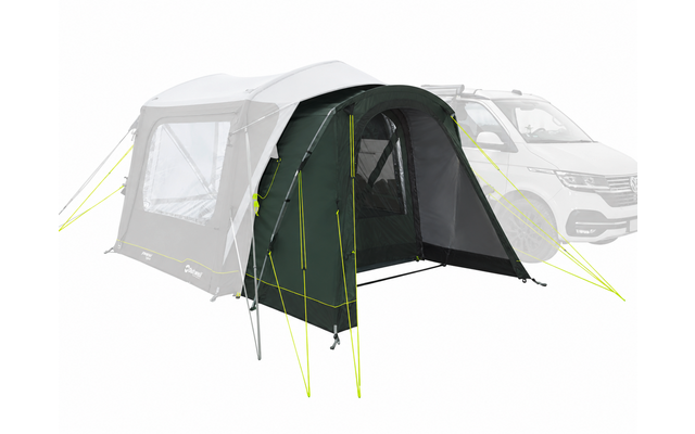 Tenda annessa verde scuro con ingresso aperto, porta laterale in rete, corde giallo neon e pali metallici; camper chiaro sullo sfondo