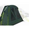 Tendalino verde scuro con una grande finestra e tiranti gialli fluo, fissato al lato di un camper bianco