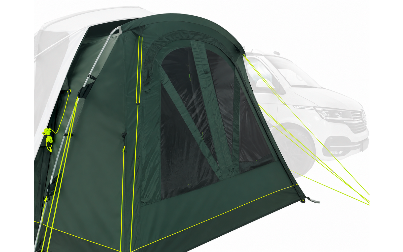 Tendalino verde scuro con una grande finestra e tiranti gialli fluo, fissato al lato di un camper bianco