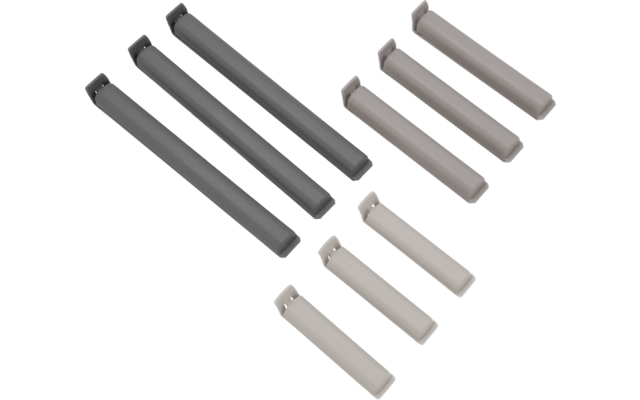 Mehrere längliche, abgerundete Stäbe in zwei Grautönen, diagonal in Reihen auf weißem Hintergrund angeordnet