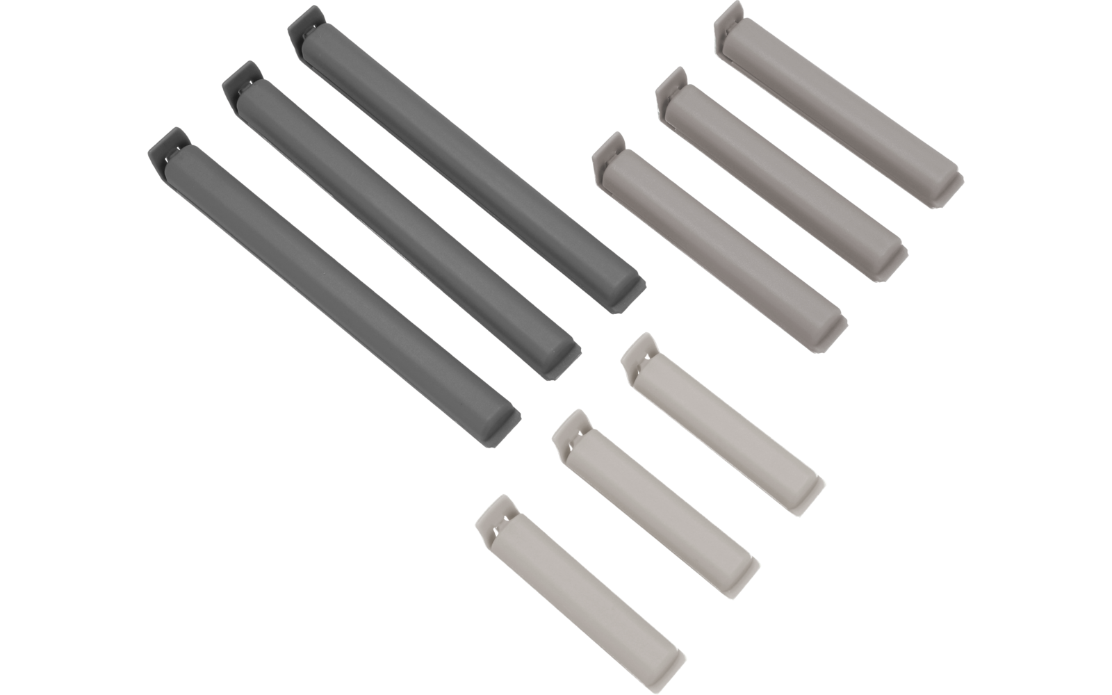 Mehrere längliche, abgerundete Stäbe in zwei Grautönen, diagonal in Reihen auf weißem Hintergrund angeordnet