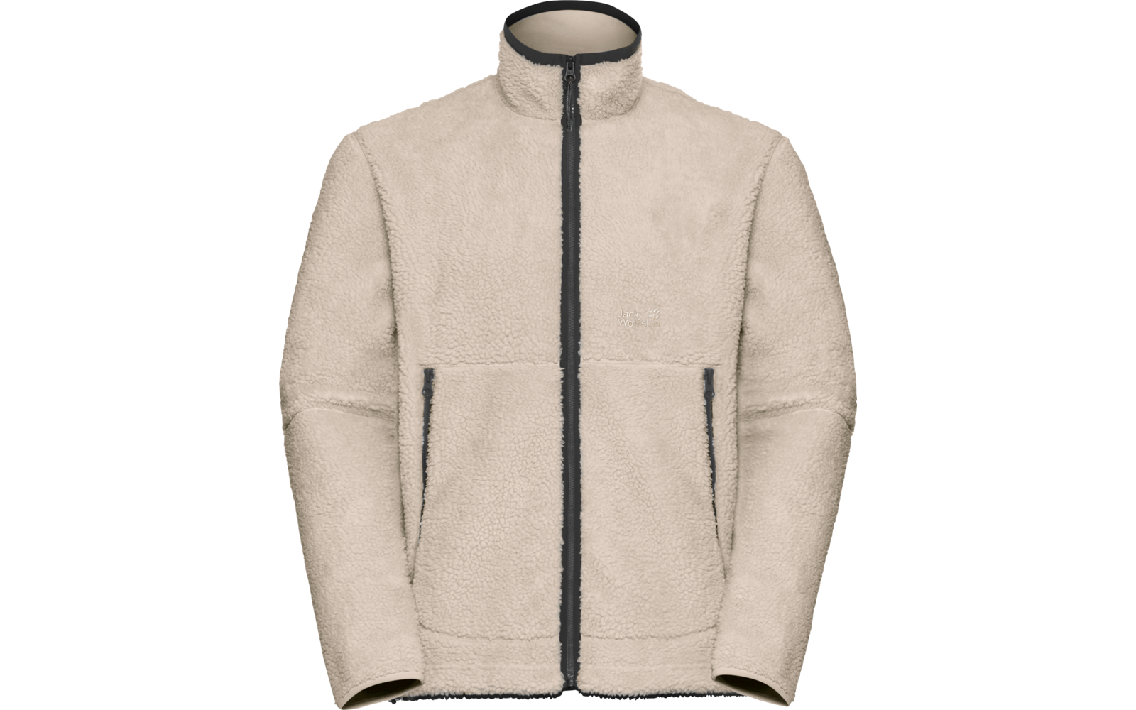Beige Fleecejacke mit durchgehendem Frontreißverschluss, Stehkragen und zwei seitlichen Reißverschlusstaschen