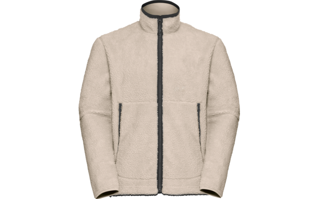Beige Fleecejacke mit durchgehendem Frontreißverschluss, Stehkragen und zwei seitlichen Reißverschlusstaschen