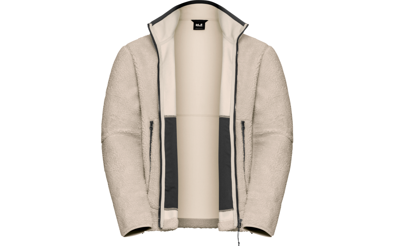 Beige Fleecejacke mit offenem Reißverschluss, zwei Reißverschlusstaschen und Stehkragen