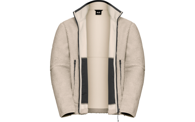 Beige Fleecejacke mit offenem Reißverschluss, zwei Reißverschlusstaschen und Stehkragen