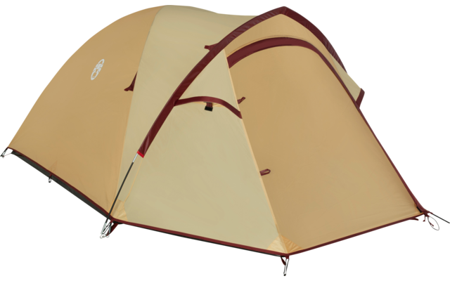 Beigefarbenes Zelt mit bordeauxroten Nähten und Gestänge, freigestellt auf weißem Hintergrund