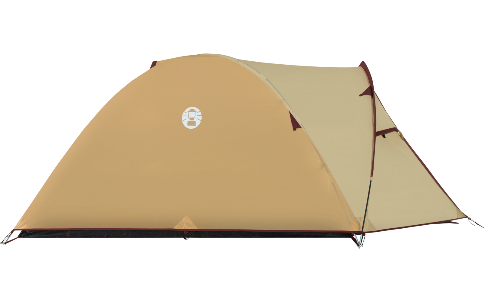 Beiges Kuppelzelt mit geschlossener Tür und seitlichem Vordach vor weißem Hintergrund